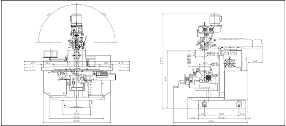 Sơ đồ kích thước máy phay đứng và ngang kiểu turret Shizuoka VHR-GD