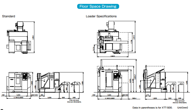 Bản vẽ k&iacute;ch thước m&aacute;y tiện CNC Takamaz XTT-500 v&agrave; XTT-500M
