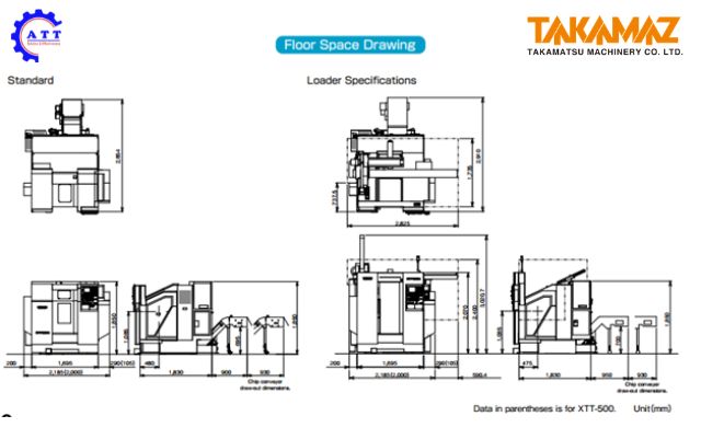 Bản vẽ k&iacute;ch thước m&aacute;y tiện CNC Takamaz XTT-500 v&agrave; XTT-500M