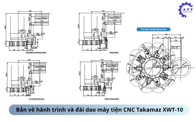 Bản vẽ h&agrave;nh tr&igrave;nh v&agrave; đ&agrave;i dao m&aacute;y tiện CNC Takamaz XWT-10
